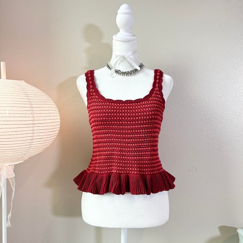 American Eagle red ruffle crochet peplum cropped tank top S
